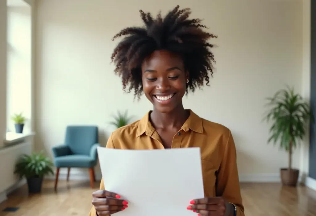 Mulher negra sorrindo analisa currículo em ambiente de trabalho moderno
