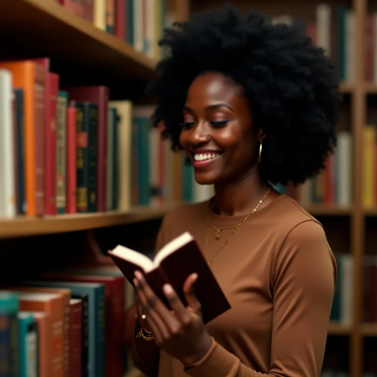 Mulher negra sorrindo ao escolher livro em livraria