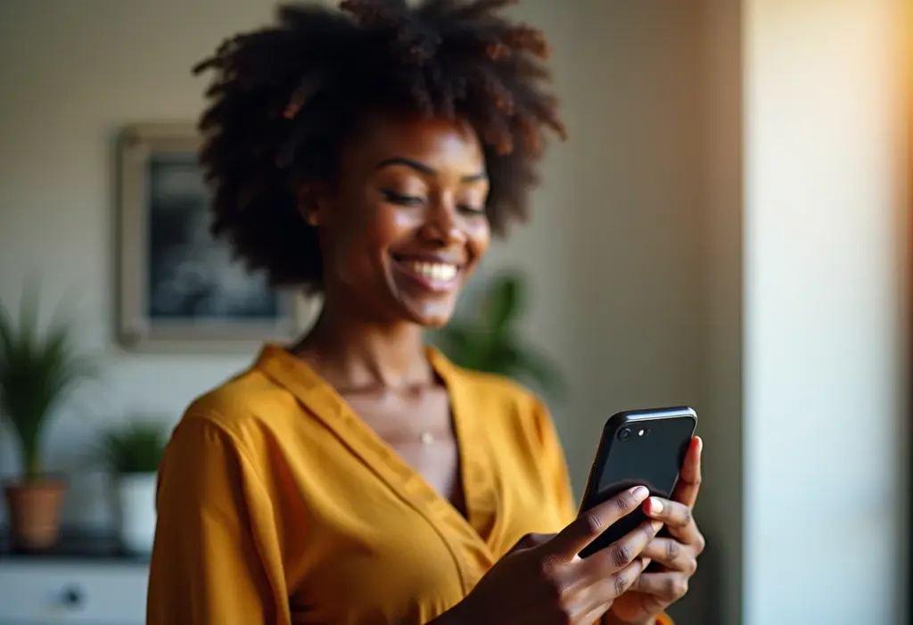 Mulher negra sorrindo com celular mostrando transação Pix bem-sucedida
