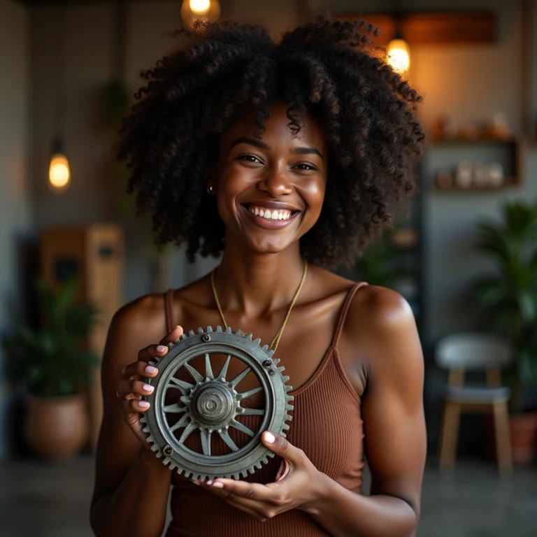 Mulher negra sorrindo com objeto decorativo industrial