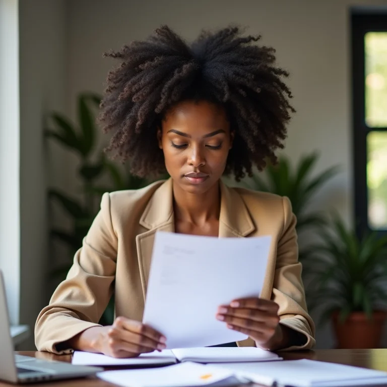Mulher negra sorrindo e analisando documentos de licitação.