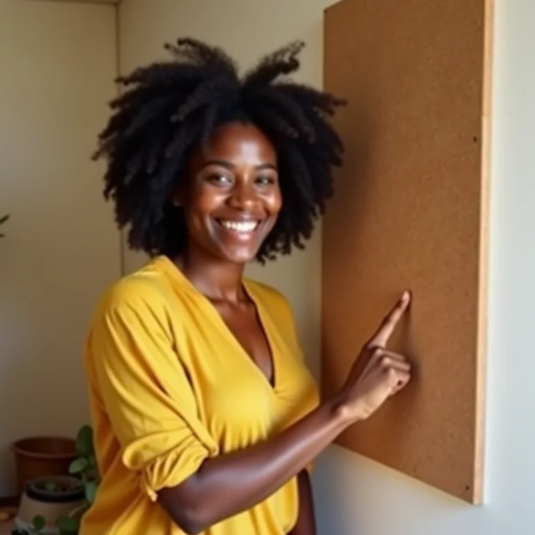 Mulher negra sorrindo e apontando para seu quadro de cortiça DIY.