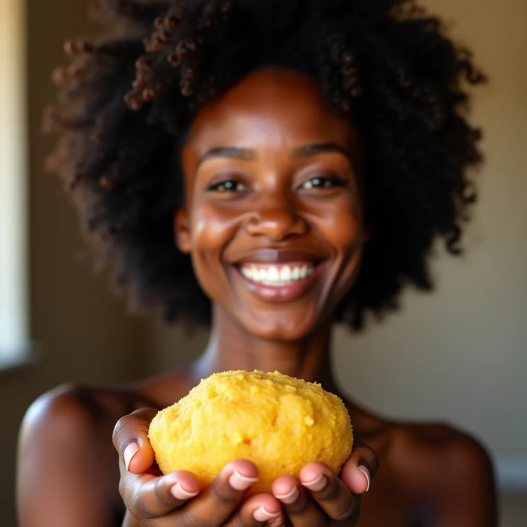 Mulher negra sorrindo e segurando uma tapioca no Alto da Sé.