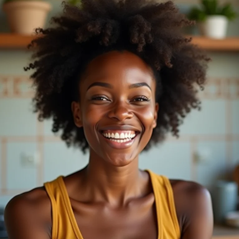 Mulher negra sorrindo em cozinha com faixa de ladrilho hidráulico