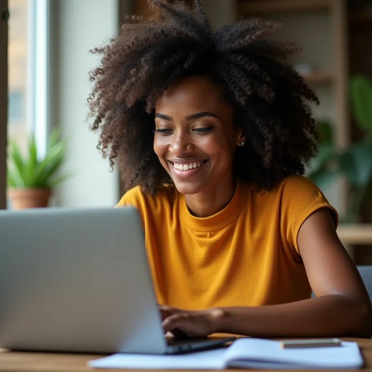Mulher negra sorrindo enquanto abre uma planilha do Excel no laptop.