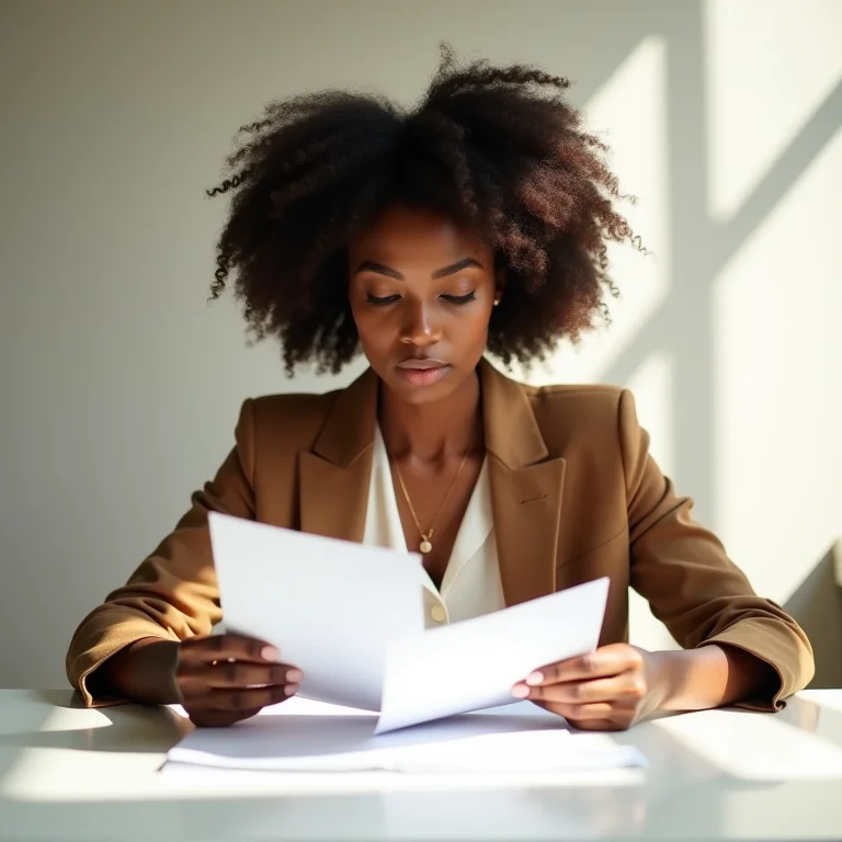 Mulher negra sorrindo enquanto analisa documentos para pequenas causas.