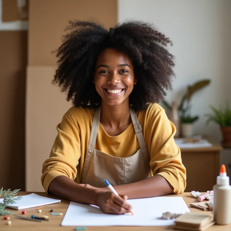 Mulher negra sorrindo enquanto customiza um porta-lápis de papelão.