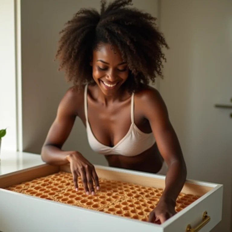 Mulher negra sorrindo enquanto organiza sua gaveta de lingerie com organizadores colmeia