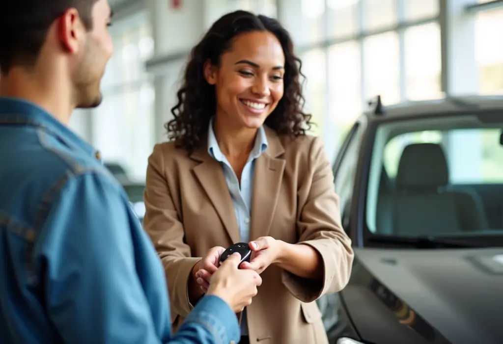 Mulher negra sorrindo entrega chaves do carro para outra pessoa em concessionária ensolarada.