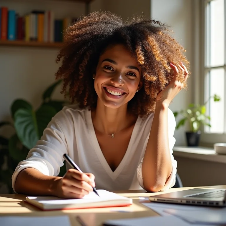 Mulher negra sorrindo escreve em um caderno, simbolizando o estudo da gramática portuguesa.