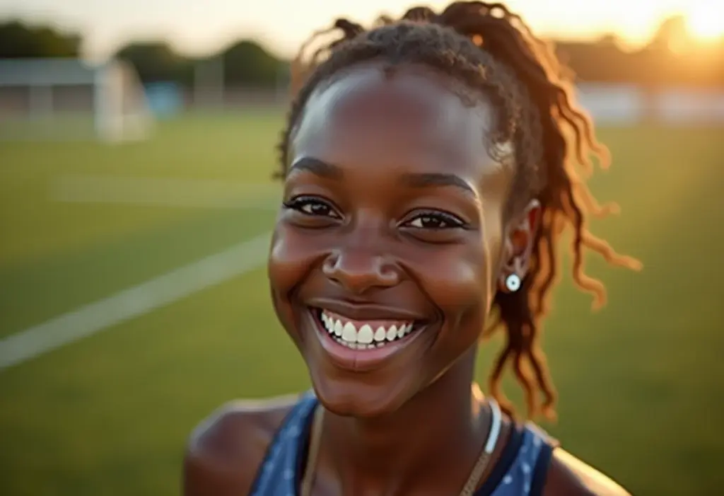 Mulher negra sorrindo praticando futebol de cegos.