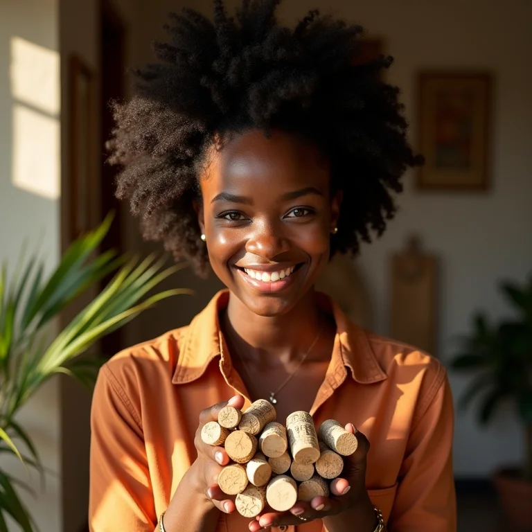 Mulher negra sorrindo, reutilizando rolhas de cortiça.