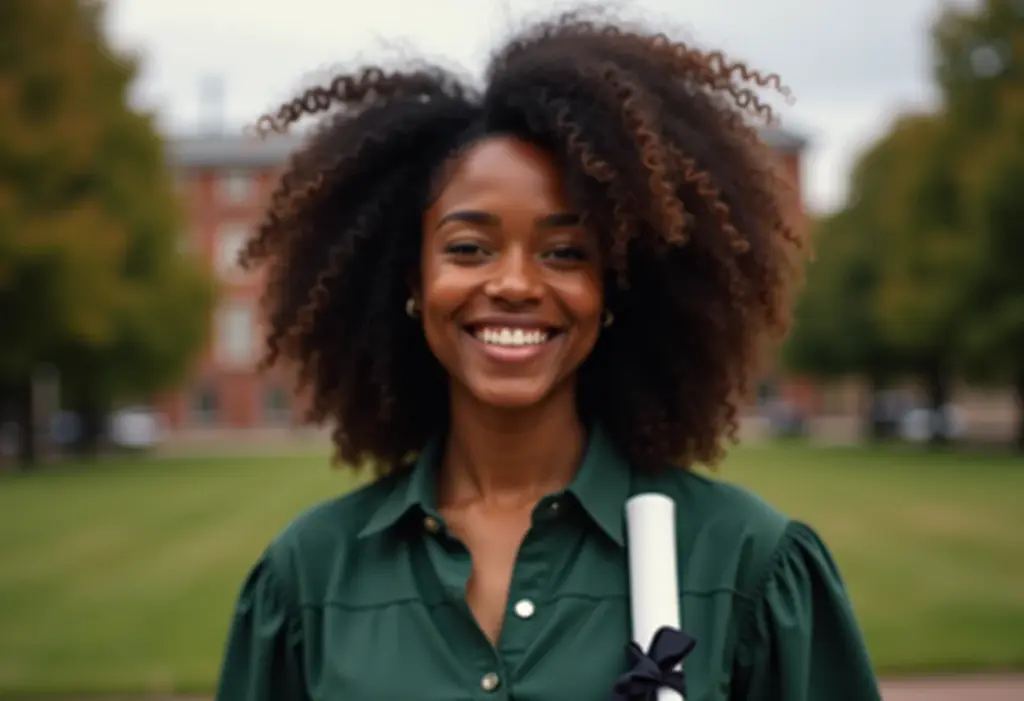 Mulher negra sorrindo segurando diploma, Prouni