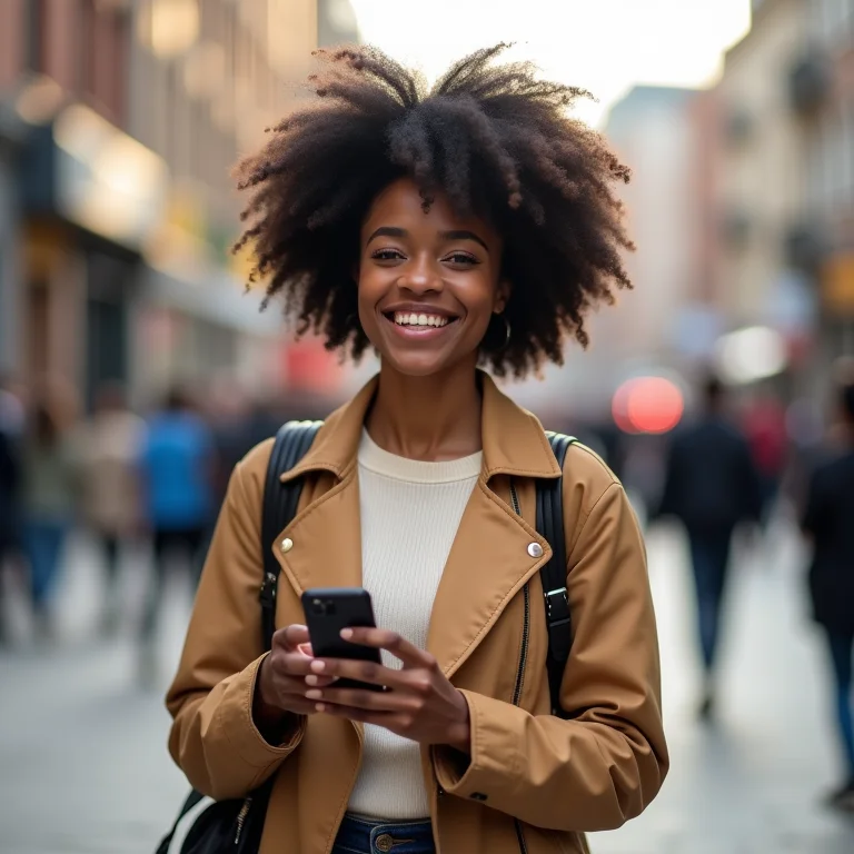 Mulher negra usando carregador portátil na rua.