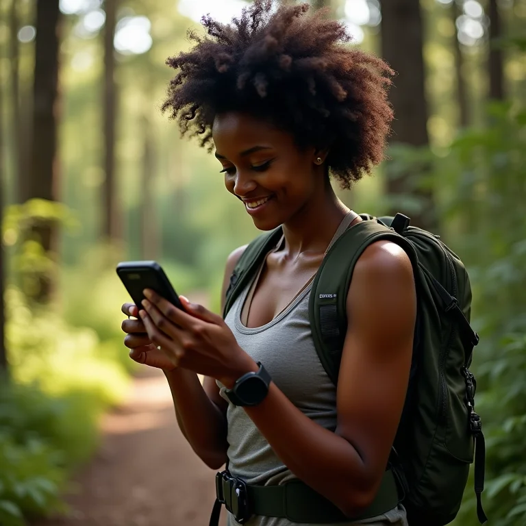 Mulher negra usando GPS Garmin durante trilha na floresta