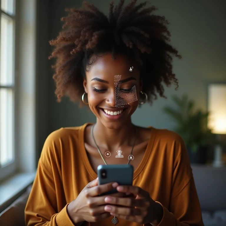Mulher negra utilizando reconhecimento facial no celular