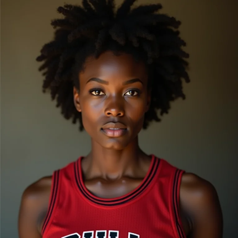 Mulher negra vestindo camisa do Chicago Bulls, representando a força e a lenda de Michael Jordan.