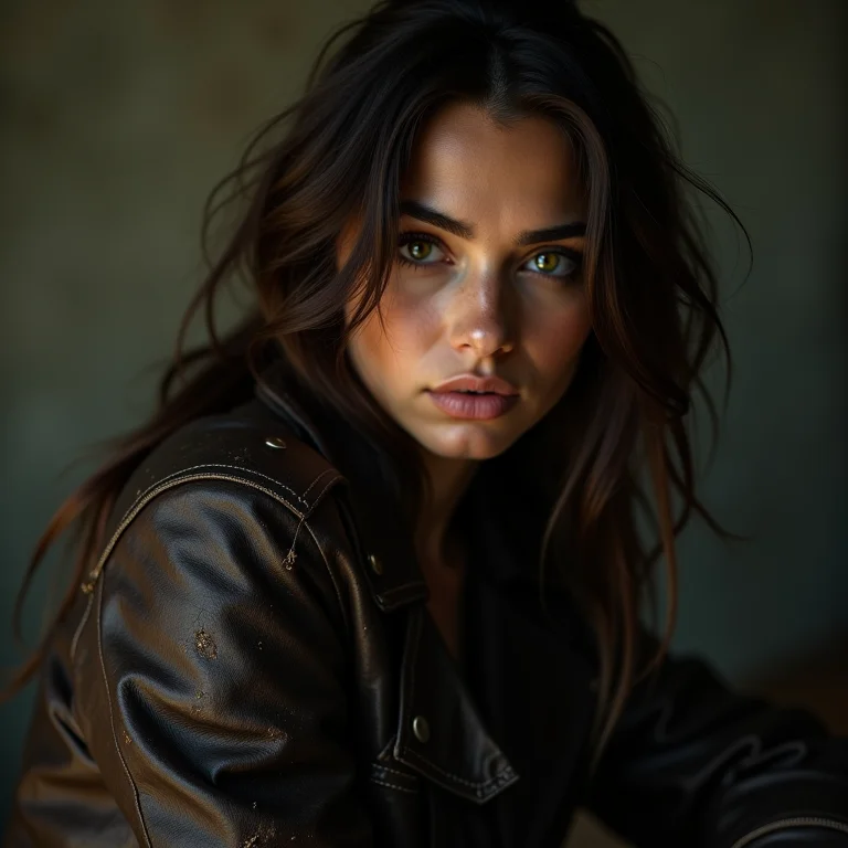 Mulher olhando para jaqueta de couro danificada