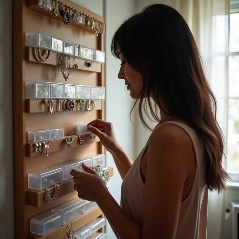 Mulher organizando joias em porta-joias de parede