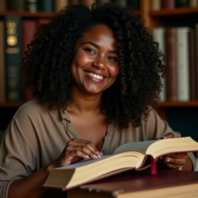Mulher organizando livros vintage em uma estante
