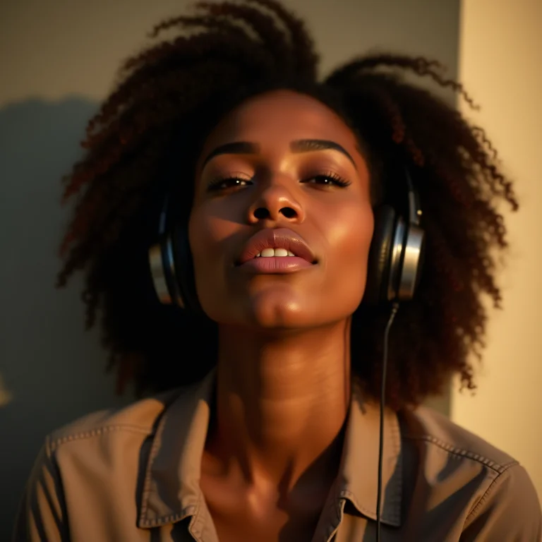 Mulher ouve música com fones de ouvido e demonstra emoção em seu rosto.