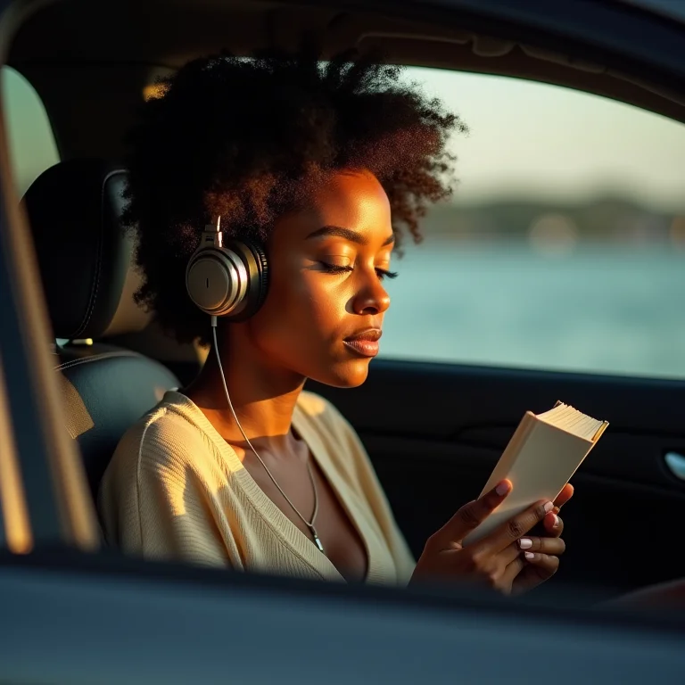 Mulher ouvindo audiobook no carro durante o trânsito