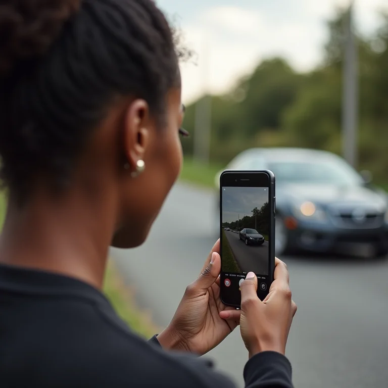 Mulher parda fotografando um carro com smartphone, focando no enquadramento.