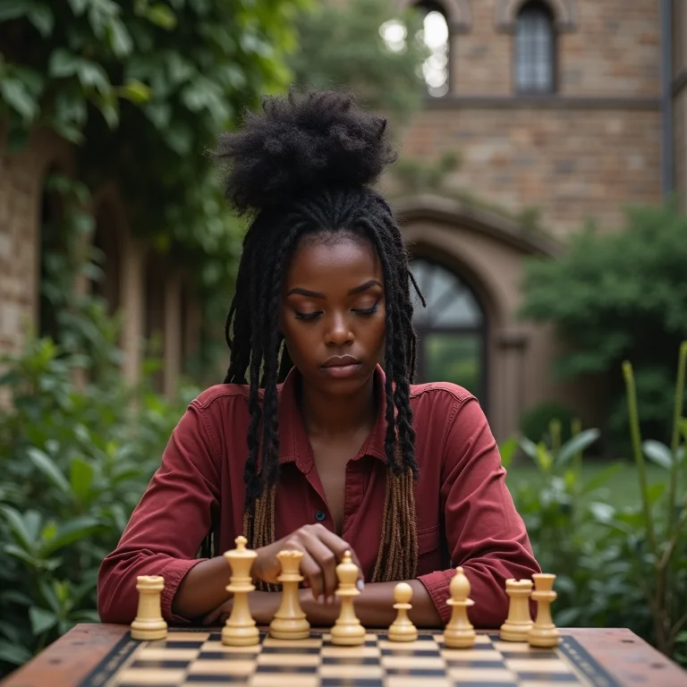 Mulher parda jogando xadrez em um jardim medieval.