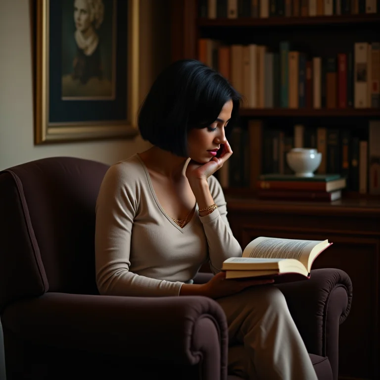 Mulher parda lendo um livro em uma poltrona confortável, simbolizando a interpretação de texto.