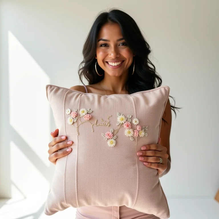 Mulher parda mostrando capa de almofada personalizada