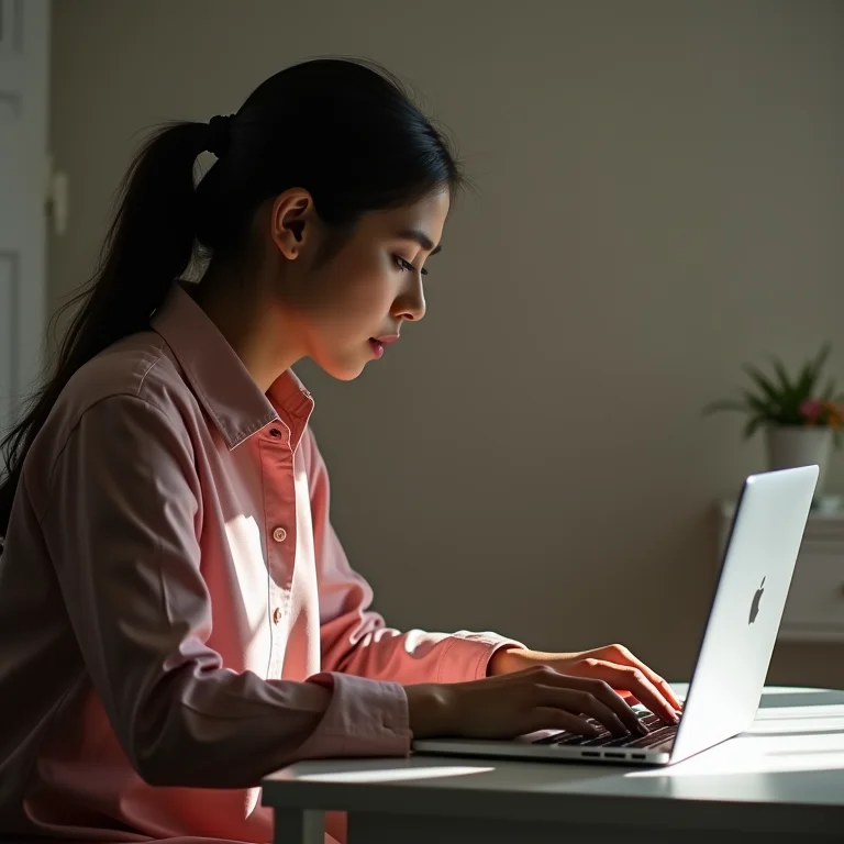 Mulher parda pesquisando onde entrar com ação de pequenas causas no notebook.