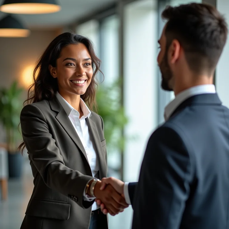 Mulher parda sorrindo apertando as mãos de um recrutador em escritório moderno