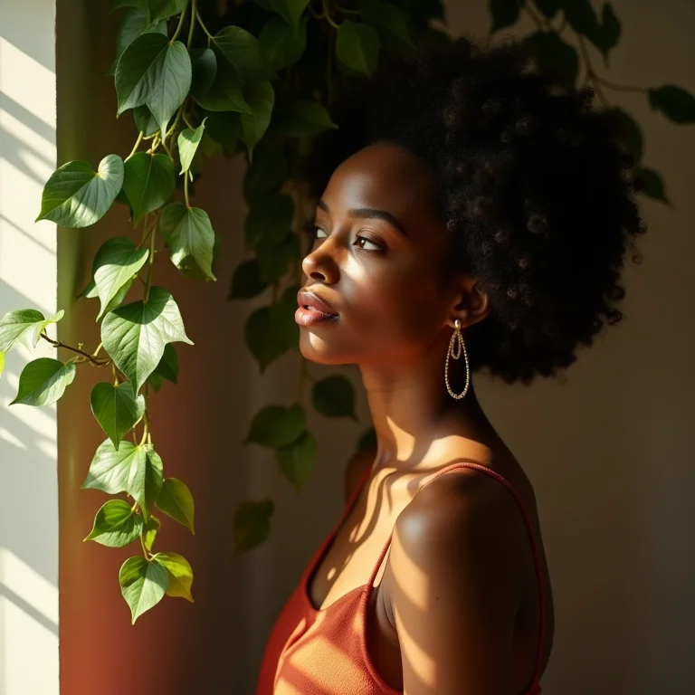 Mulher parda/latina arrumando Hedera helix (Hera)