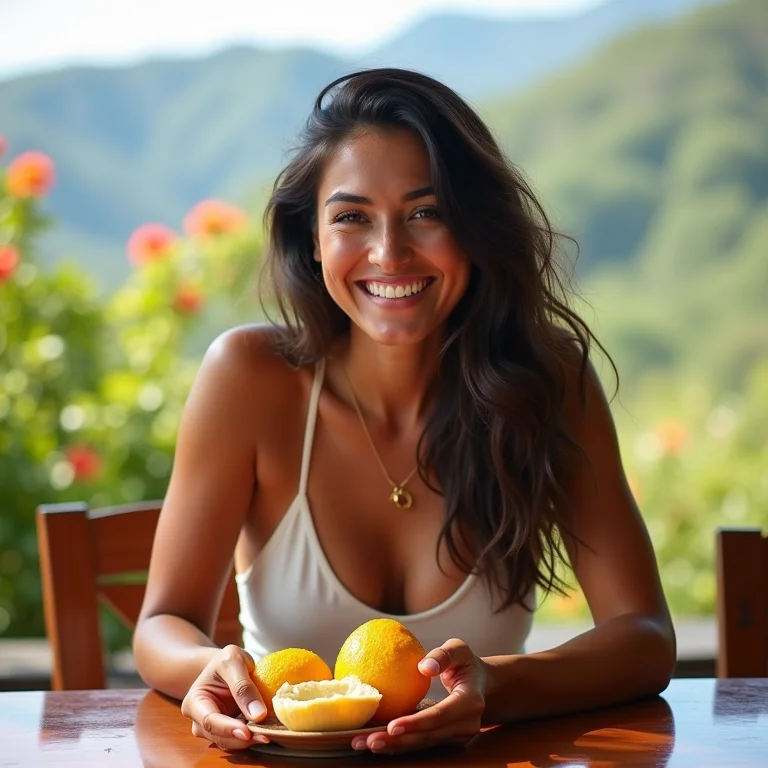Mulher parda/latina segurando uma tapioca com a vista colorida de Olinda ao fundo.