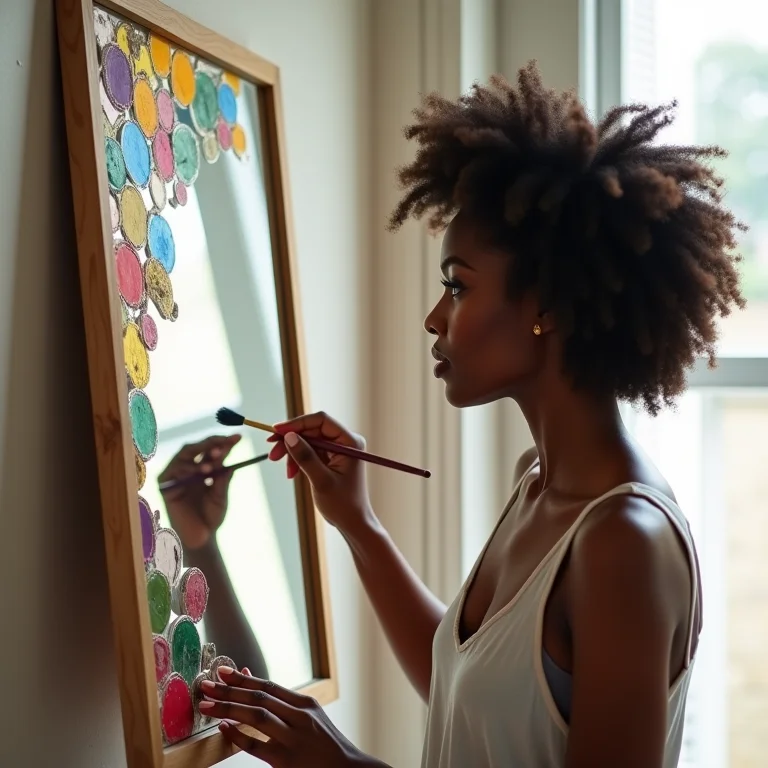 Mulher pintando e fazendo decoupage em moldura de espelho