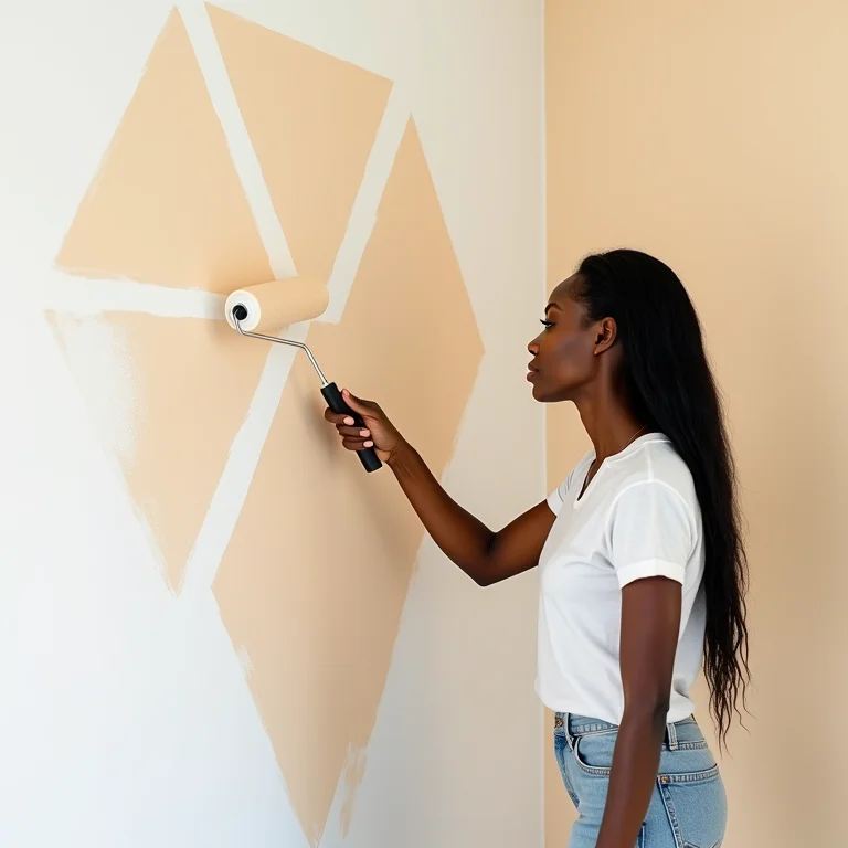 Mulher pintando parede geométrica com rolo de tinta