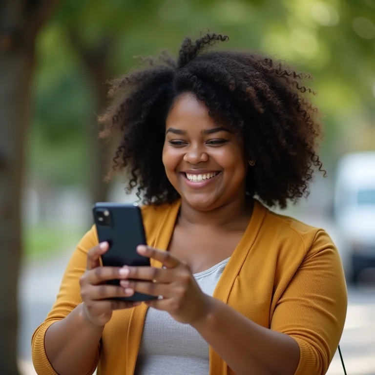 Mulher plus size com expressão alegre confirmando o cadastro da chave Pix no smartphone