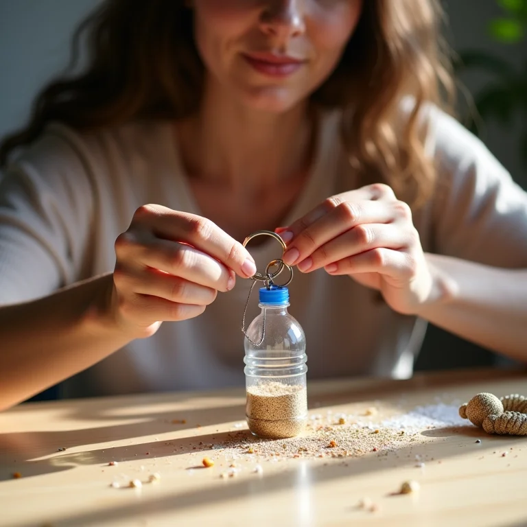 Mulher plus size decorando porta-chaves de garrafa PET