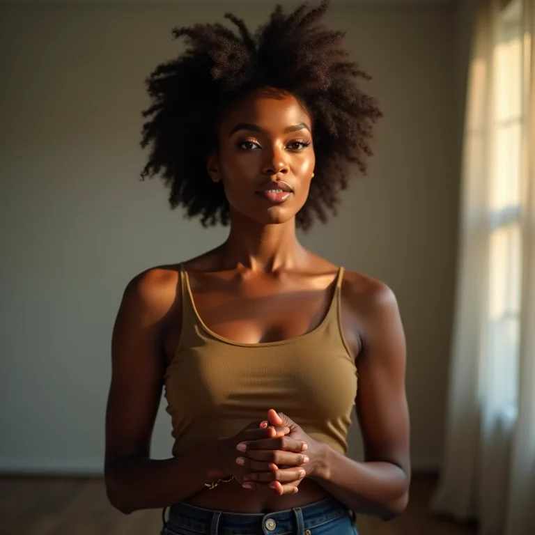 Mulher plus size faz uma apresentação confiante com linguagem corporal expressiva.