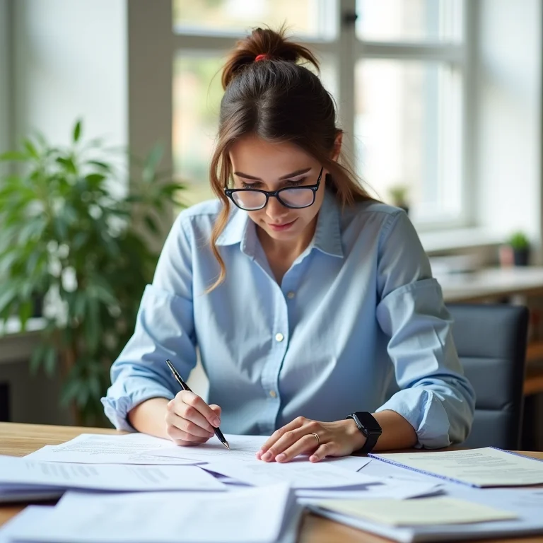 Mulher plus size organizando documentos fiscais