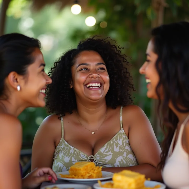 Mulher plus-size rindo com amigos enquanto come tapioca no Alto da Sé.