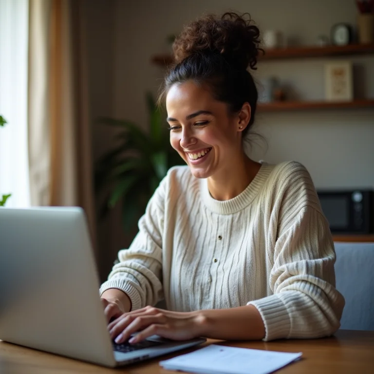 Mulher plus size sorrindo ao fazer pagamento online seguro.