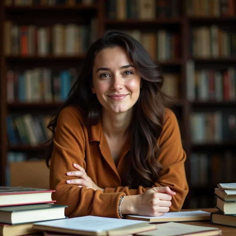 Mulher plus-size sorrindo em meio a livros.