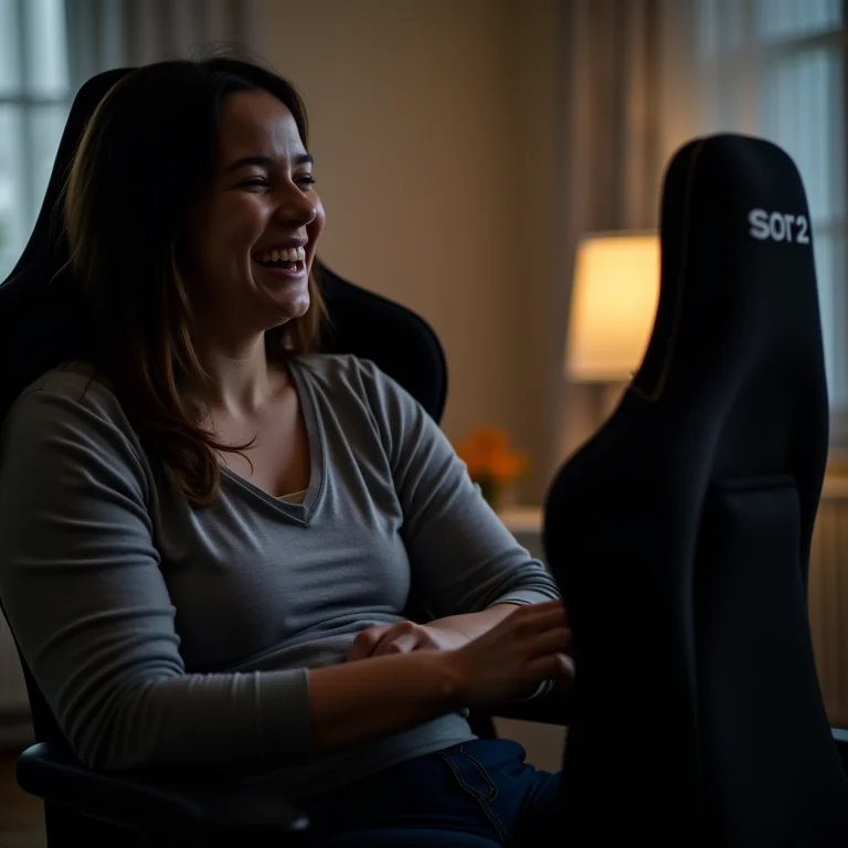 Mulher plus size tentando ajustar cadeira gamer pequena demais