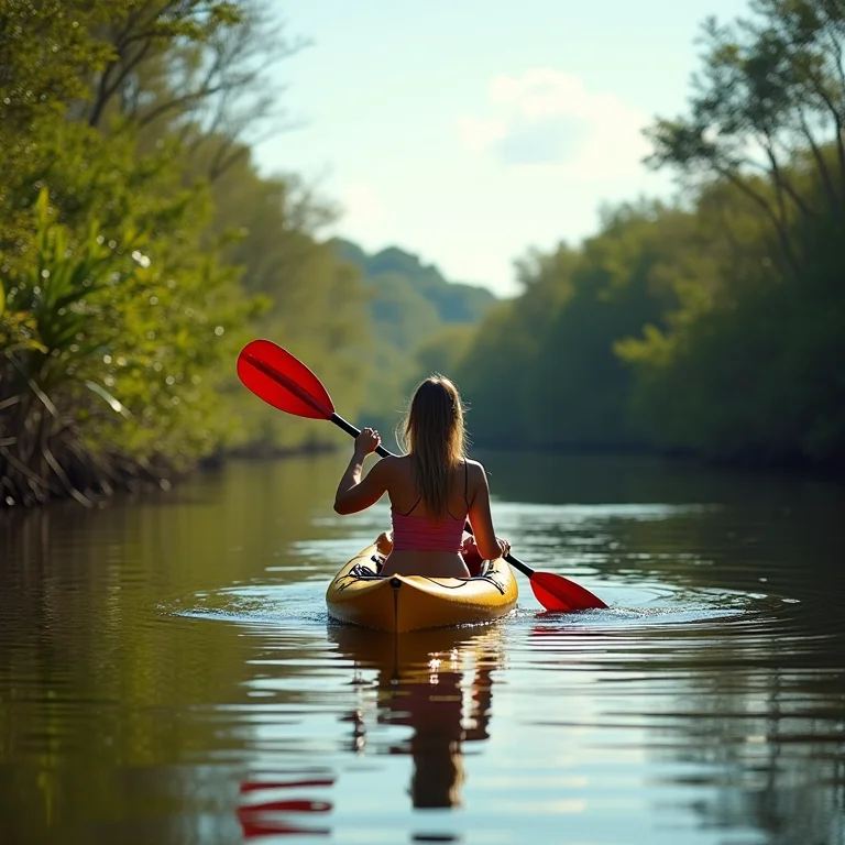 Mulher praticando caiaque em lagoa serena em Tibau do Sul