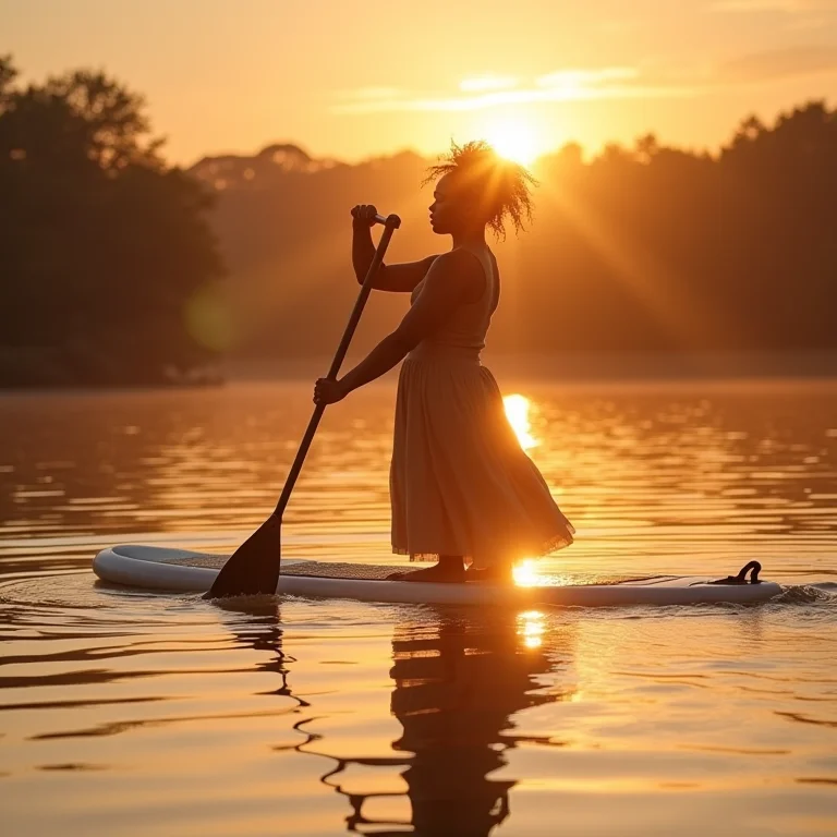 Mulher praticando stand-up paddle no Lago do Robertinho em Boa Vista.