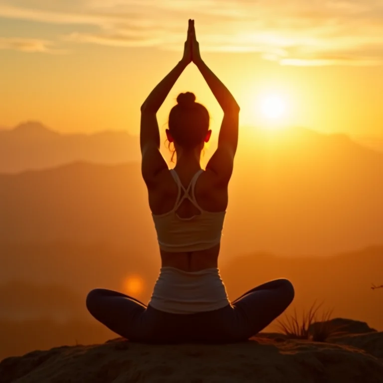 Mulher praticando yoga ao nascer do sol.