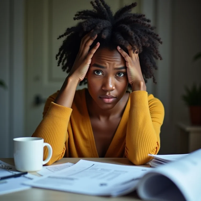 Mulher preocupada com contas e finanças desorganizadas.