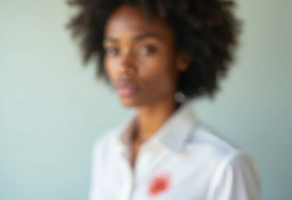 Mulher preocupada com mancha de caneta na blusa branca