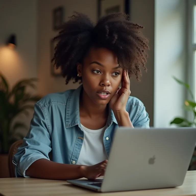 Mulher preocupada com mensagem de violação de privacidade no laptop